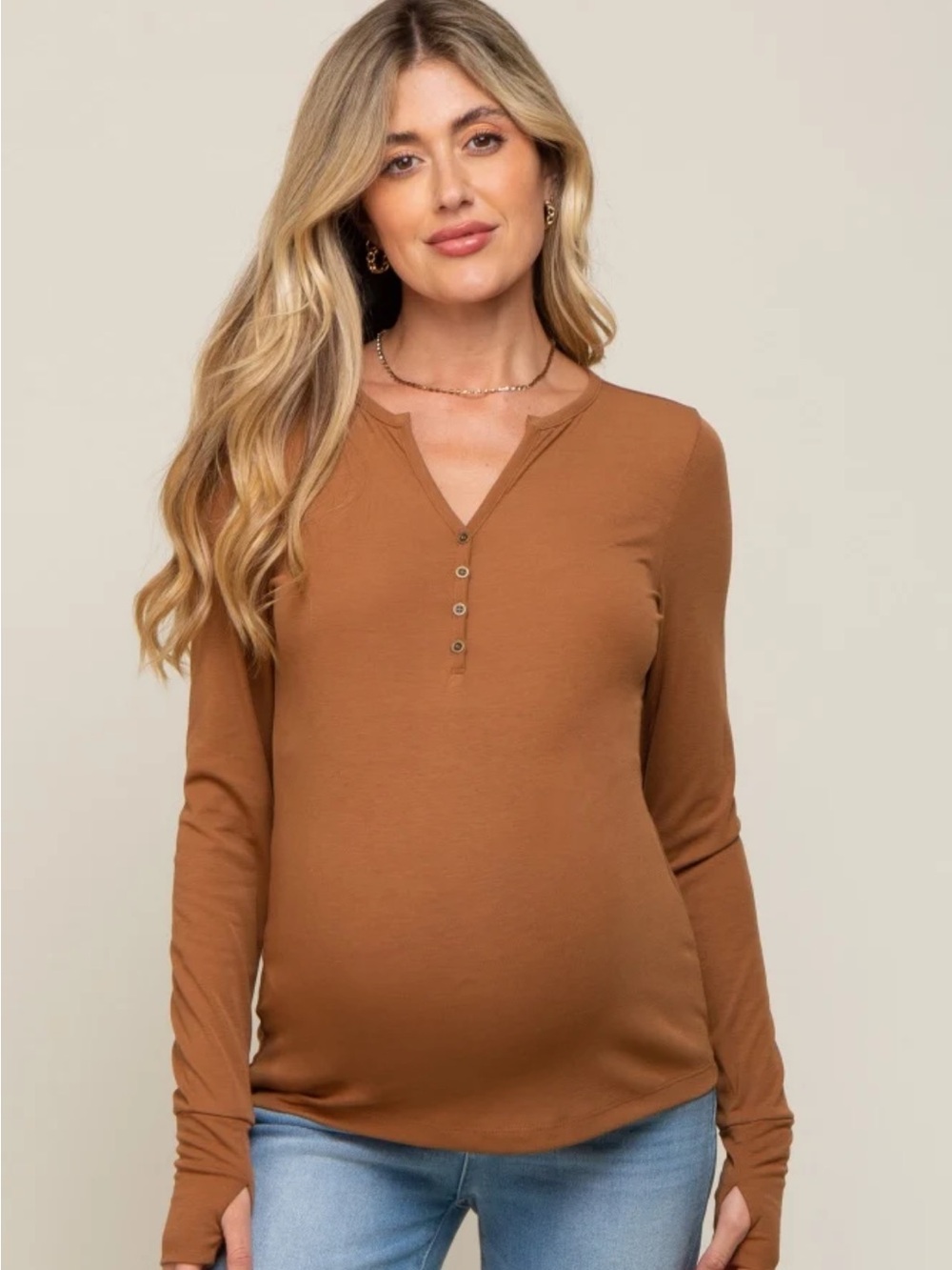 PinkBlush Camel Button Front Long Sleeve
Maternity Top